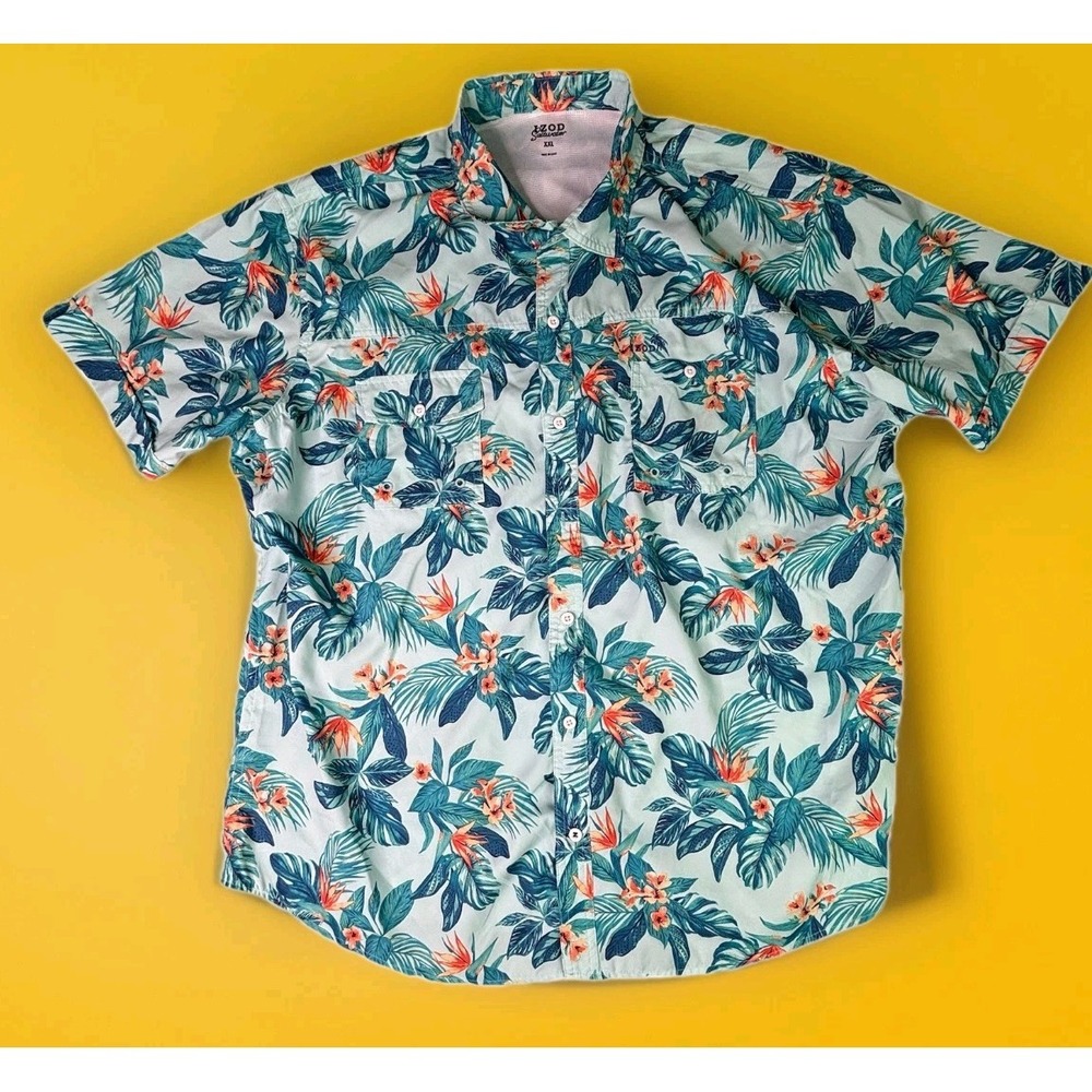 Izod Saltwater Shirt Men's size XXL Blue Floral Short Sleeve Hawaiian Button Up